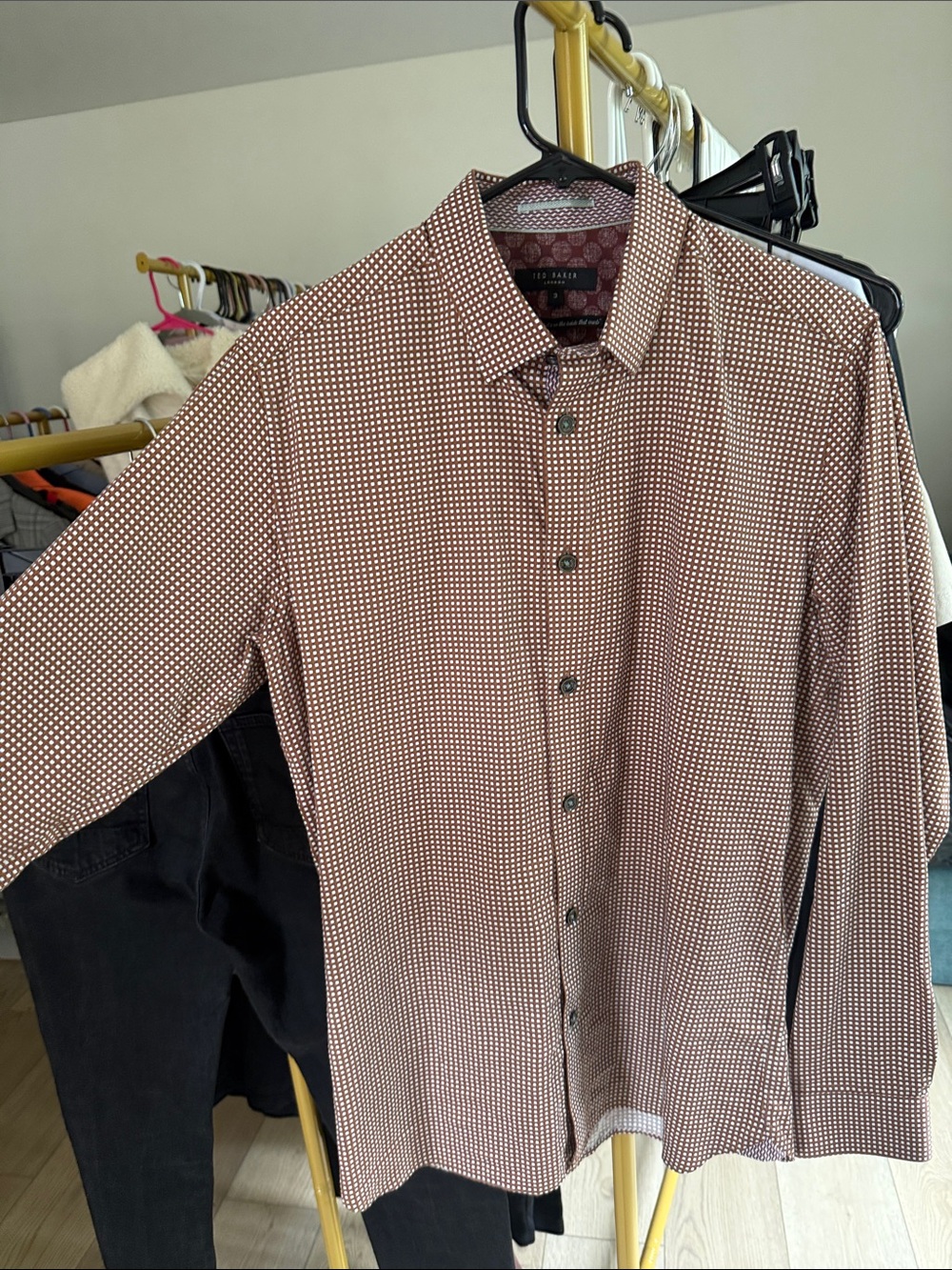 Ted Baker London Men's Brown and White Patterned Dress Shirt